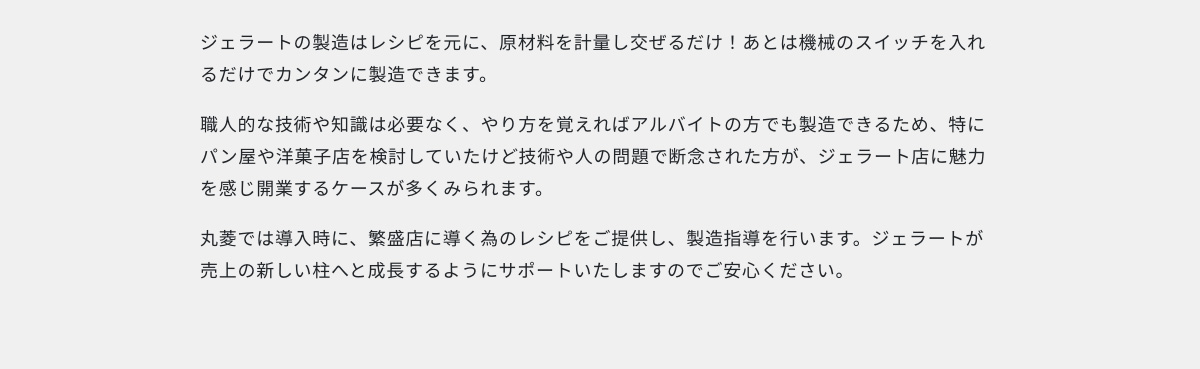 ジェラートの製造はレシピを元に、原材料を計量し交ぜるだけ!あとは機械のスイッチを入れるだけでカンタンに製造できます。職人的な技術や知識は必要なく、やり方を覚えればアルバイトの方でも製造できるため、特にパン屋や洋菓子店を検討していたけど技術や人の問題で断念された方が、ジェラート店に魅力を感じ開業するケースが多くみられます。丸菱では導入時に、繁盛店に導く為のレシピをご提供し、製造指導を行います。ジェラートが売上の新しい柱へと成長するようにサポートいたしますのでご安心ください。