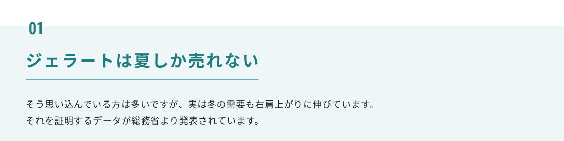 01.ジェラートは夏しか売れない そう思い込んでいる方は多いですが、実は冬の需要も右肩上がりに伸びています。それを証明するデータが総務省より発表されています。